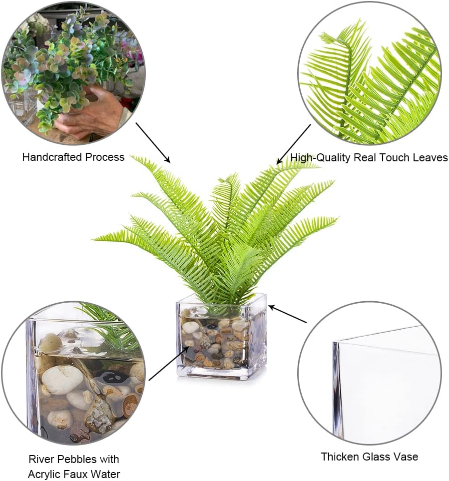 ENOVA FLORAL Small Artificial Potted Plants in Glass Vase,10 Inch Artificial Fern Plant with Vase, Faux Greenery Plants with Faux Water and River Pebbles, Artificial Plants in Vase