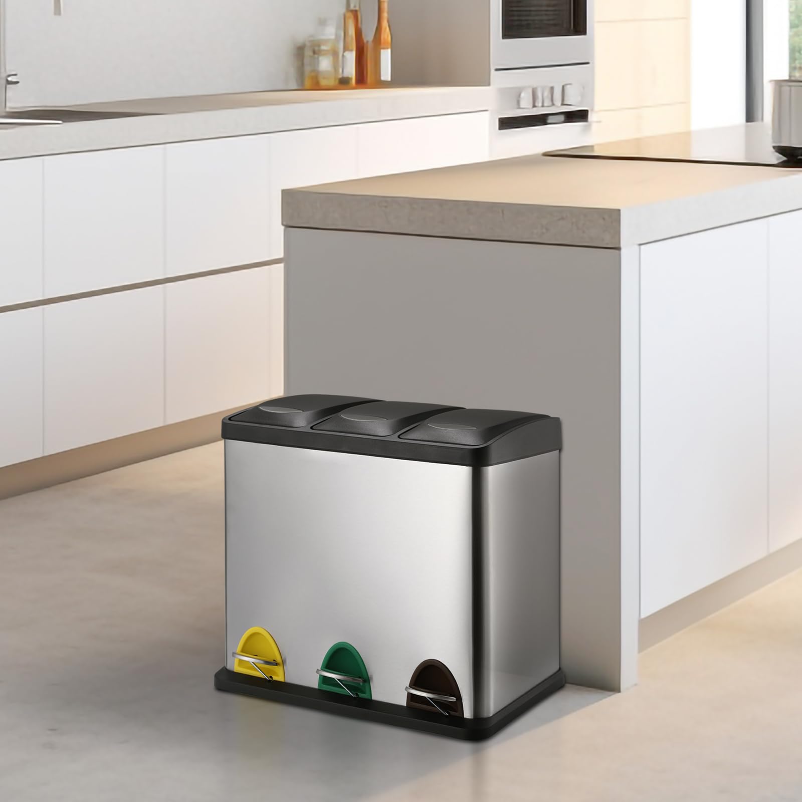 LIFERUN Pattumiera a 3 scomparti, 3 x 8 l, sistema di raccolta differenziata della spazzatura da 24 litri, piccola pattumiera a pedale in acciaio inox con coperchio, 3 secchi interni rimovibili