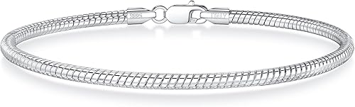 BRIJEWNES Pulsera de plata de ley 925 con cierre de serpiente redonda de 0.118 in para mujer, pulsera de plata maciza con corte de diamante, regalo