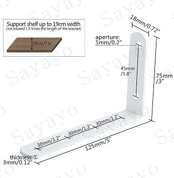 Sayayo Shelf Bracket Corner Brace Angle Bracket Shelf Support Wall Hanging 125mm*75mm, Stainless Steel White Finished, 4 Pcs, EJ5207W-4P