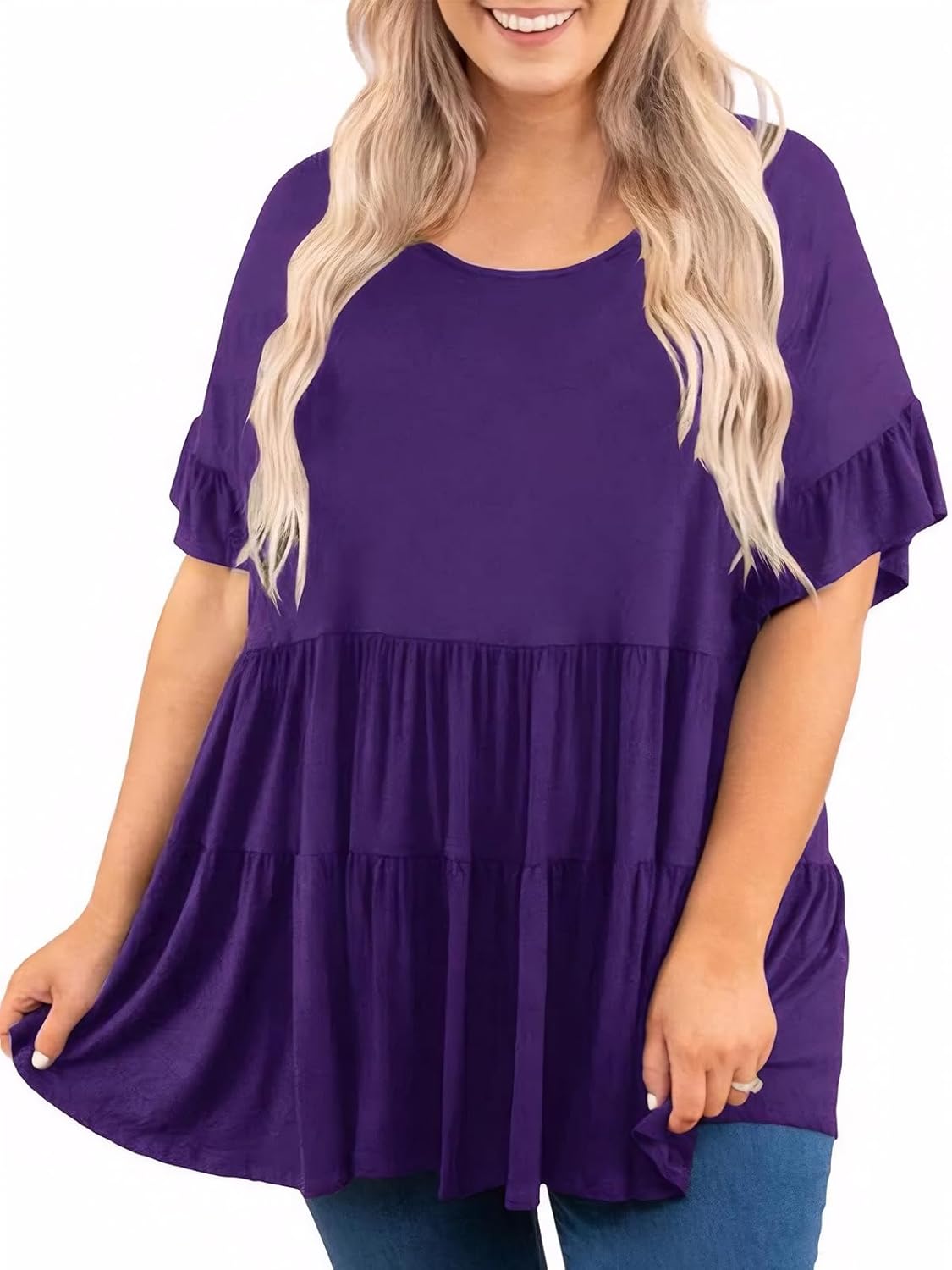 Beautife Womens Plus Size Babydoll Tops Ruffle Short Sleeve Peplum Flowy Shirts Summer Casual Loose Fit Tunic Blouses