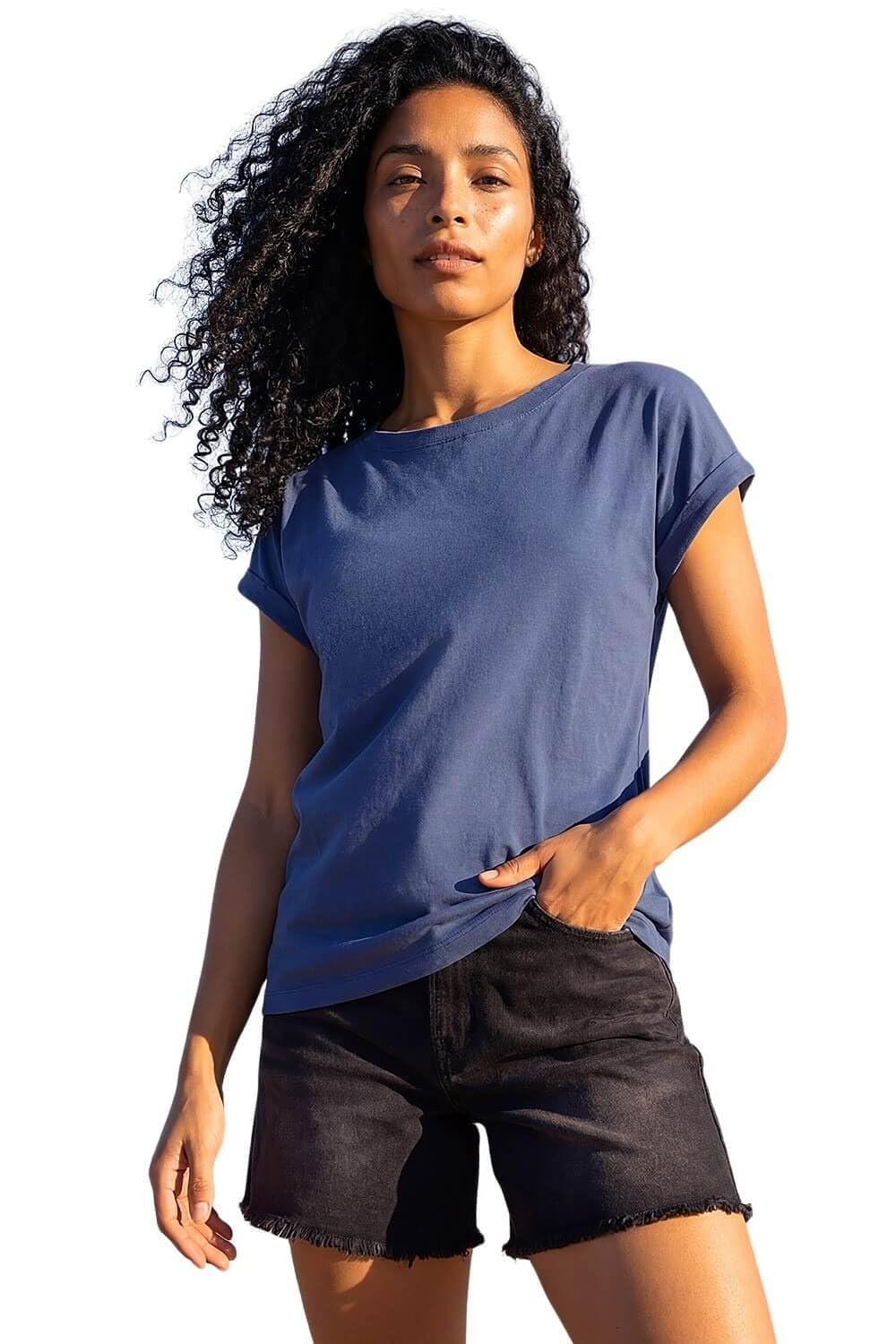 Roman Women's Plain Stretch Cotton Jersey T-Shirt in Mid Blue | Size: 20