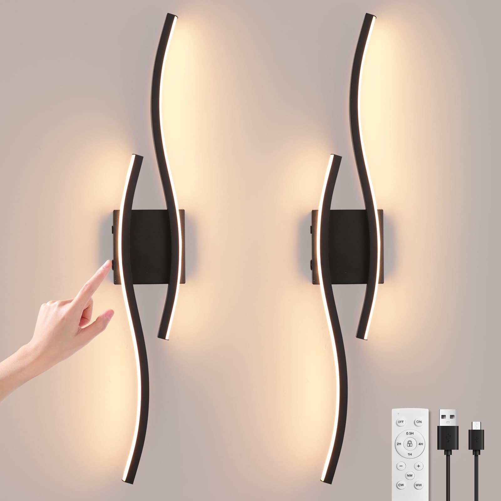 Modern LED Wall Sconce set of Two, Battery Powered Wall Sconces set of 2 with Timer, Black Wall Light with Remote, LED Wall Lamp indoor not hardwired for Bathroom Living Room Bedroom Corridor