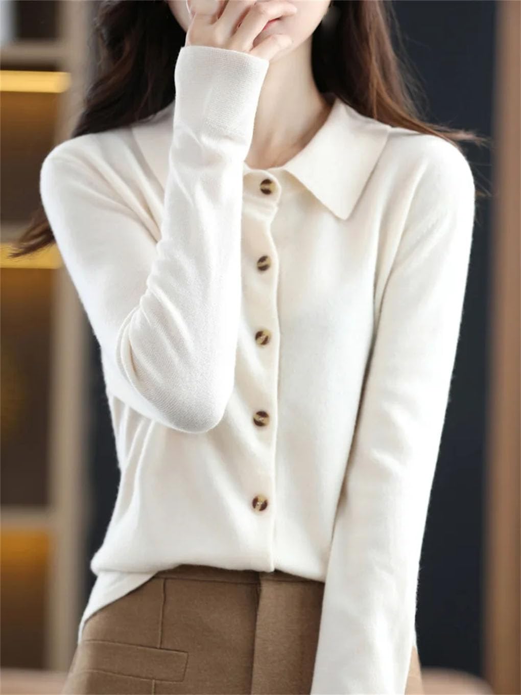 Cardigan da donna in lana merino, a maniche lunghe, con colletto girato