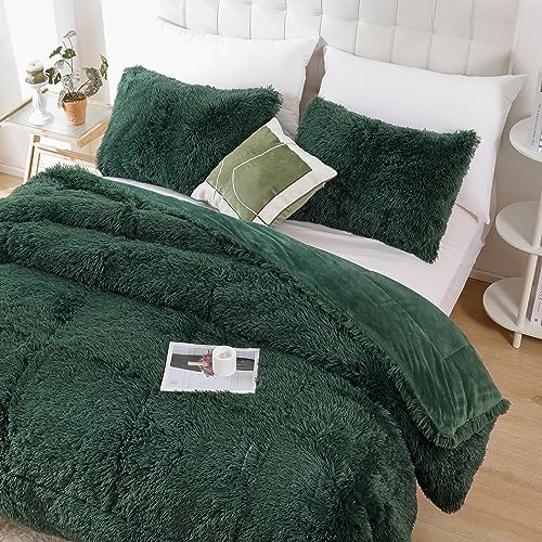 Smoofy Fluffy Queen Comforter Set, Faux Fur Comforter Set Queen Size, Luxury Fuzzy Bedding Set, Soft Shaggy Bed Set for All Season, 3 Pieces - 1 Comforter & 2 Pillowcases, Dark Green