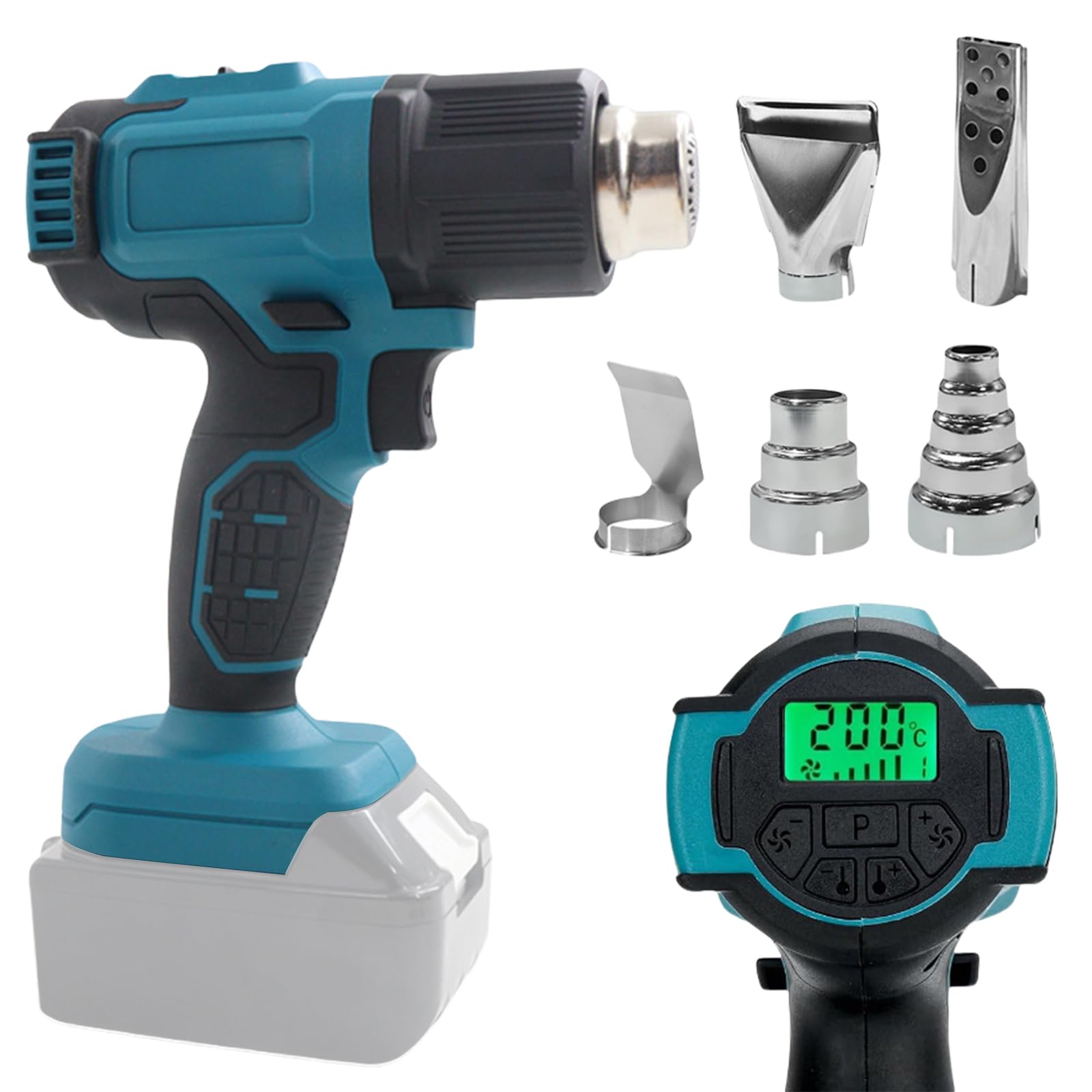 Pistola ad aria calda a batteria per 18 V, 50 – 550 °C, con display LCD e 5 ugelli in acciaio inox, temperatura regolabile e controllo dell'aria, pistola termica per restringimento, rimozione fai da