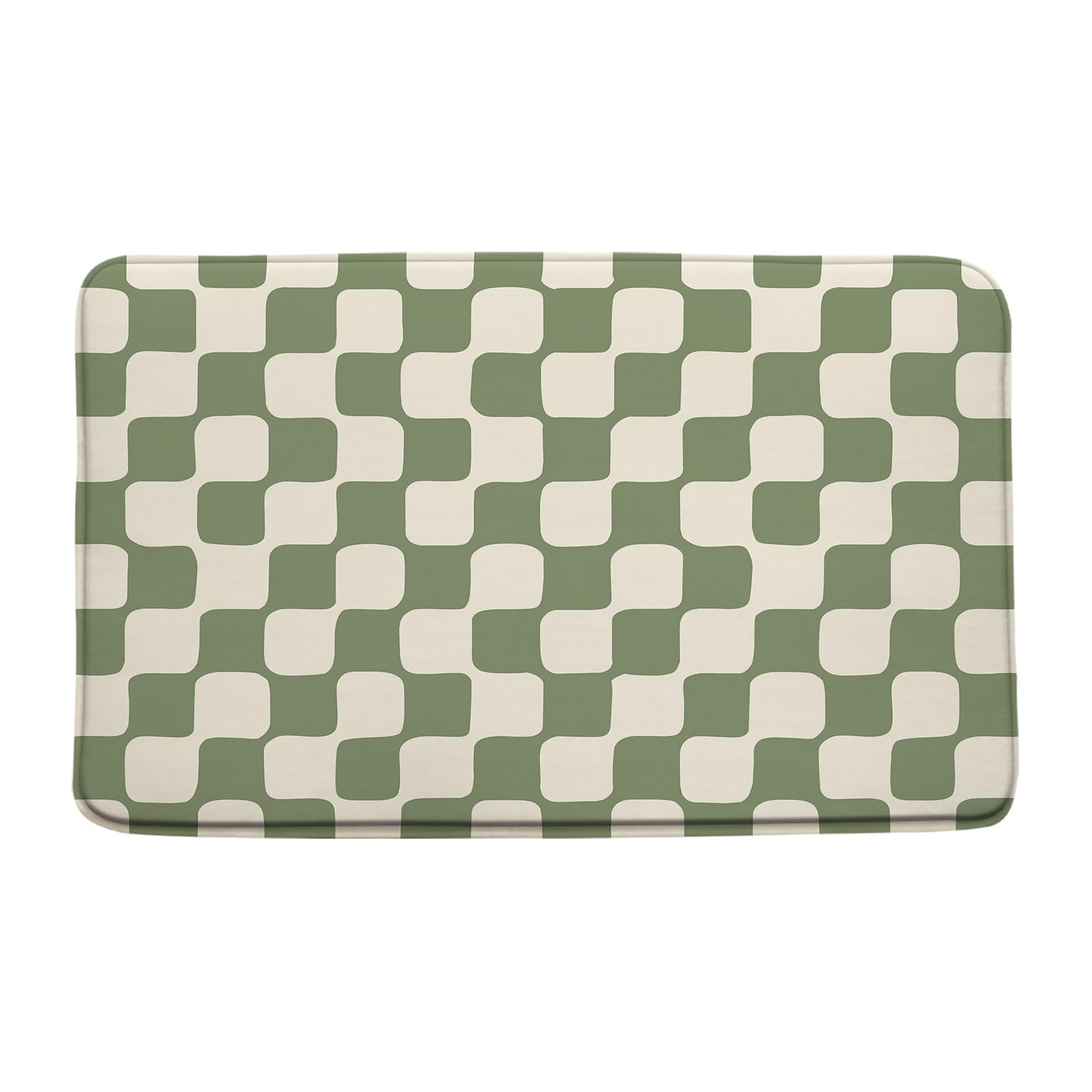FJLLFJ Checkerboard Grid Bath Mat,Beige Sage Green Classical Groovy Wavy Checkered Bathroom Kitchen Runner Rug,18x30 Inch