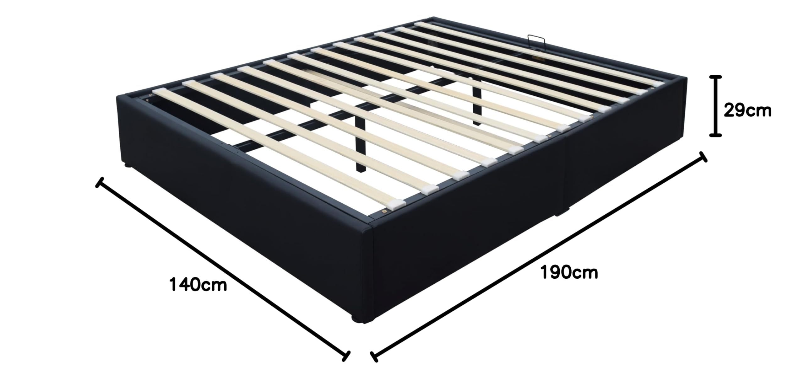 King of Dreams Solide Lit Coffre Noir + Pieds pour Matelas 140x190 cm - 12 Lattes - Loris - Montage Rapide et Facile - revetement PVC Simili Facile d'entretien