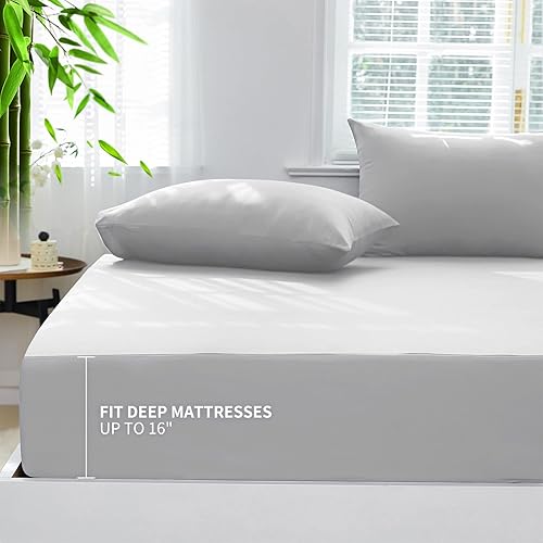 Miniatura 1 de HCORA Sábana bajera ajustable 100% viscosa de bambú con fundas de almohada, sábana bajera refrescante de 400 hilos para personas que duermen con