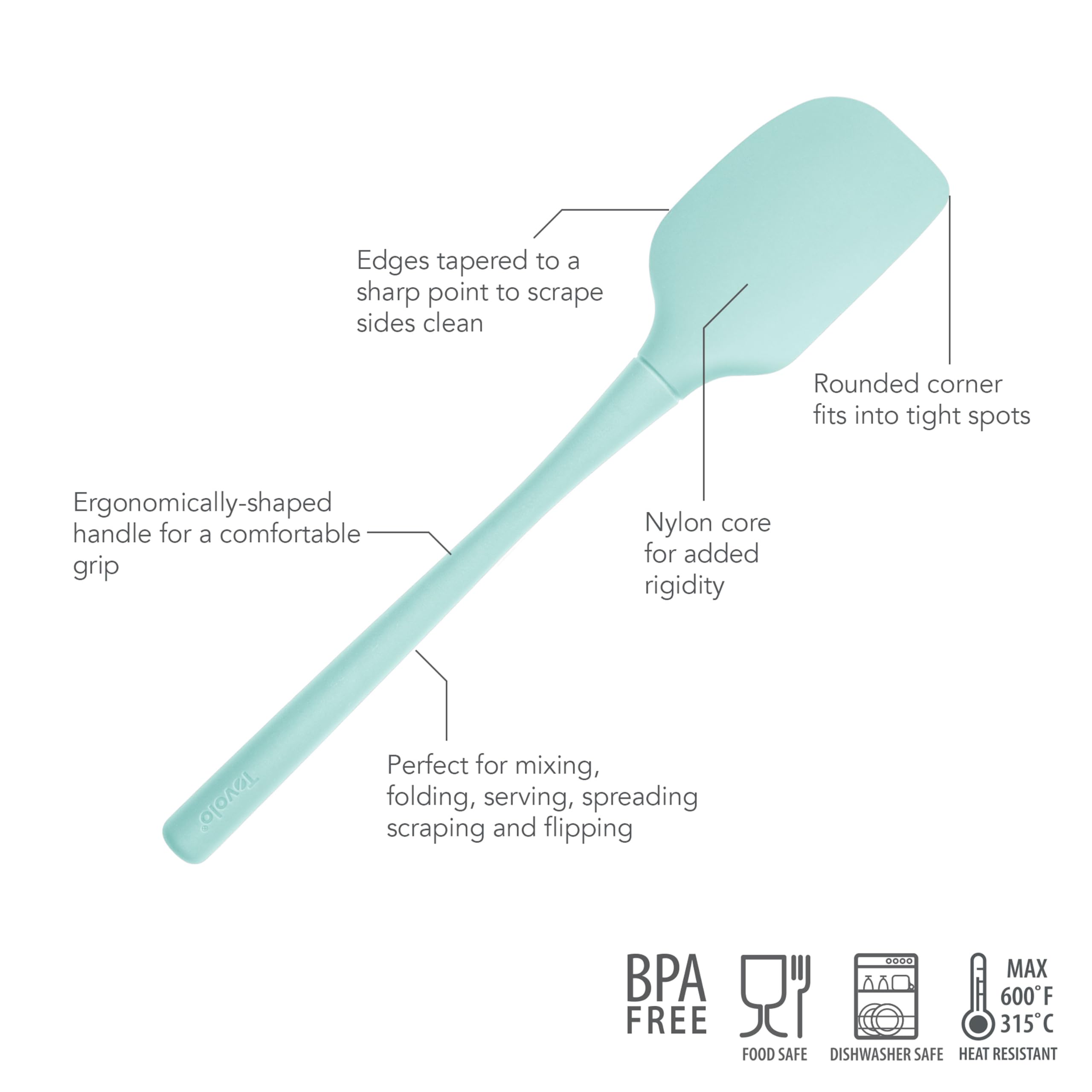 Tovolo Flex-Core szpatułka silikonowa, stożkowa, silikonowa krawędź do skrobania, ergonomiczny uchwyt, odporna na wysokie temperatury, gumowa szpatułka, bez BPA, nadaje się do mycia w zmywarce