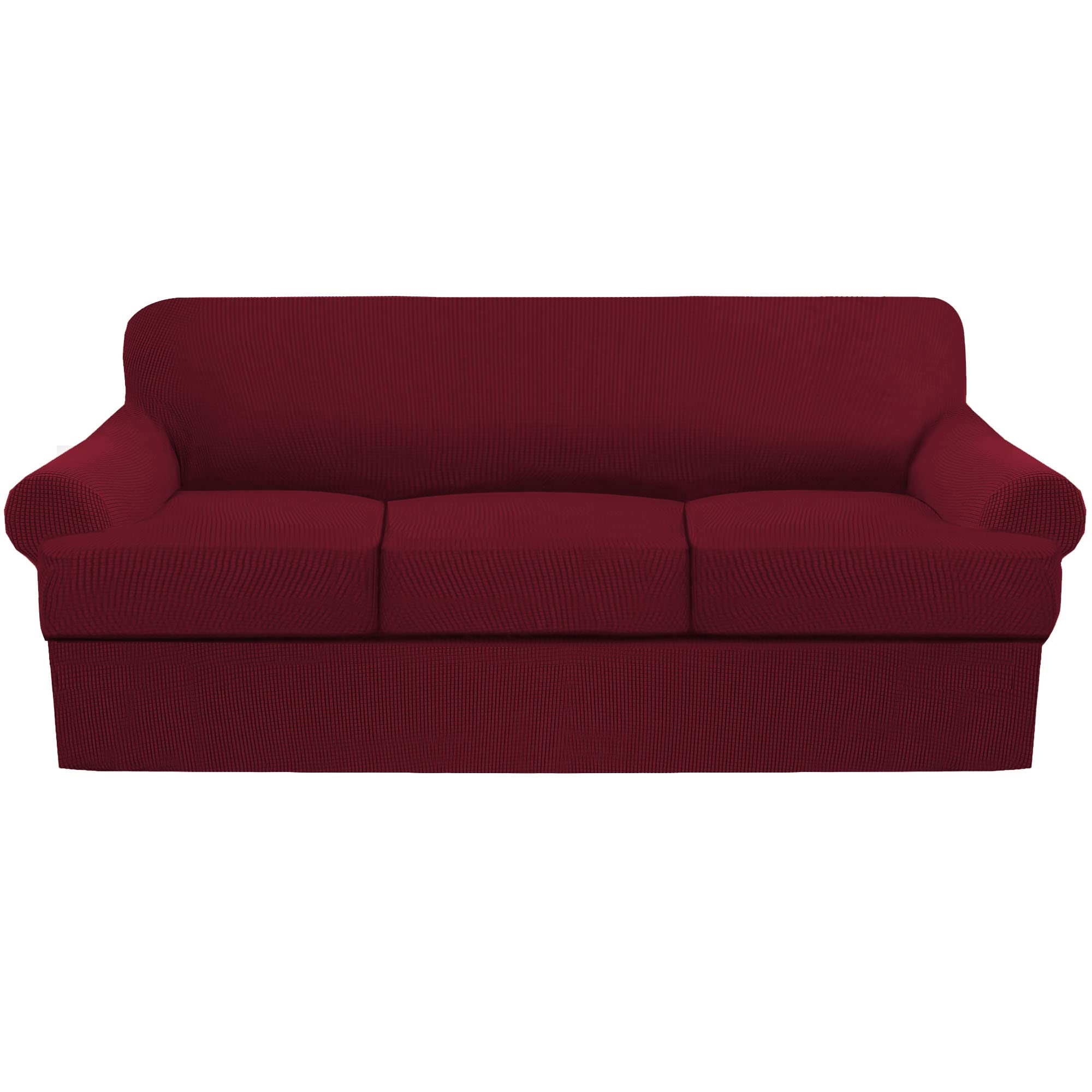 ShowyLiveSofa Cover for Cushions, 4 Piece Soft Sofa Slip Covers, Stretch Separate Soft Couch Cover, Textured Grid Separate Box Cushion Sofa Slipcover, Elastic Furniture Protector (Red,3 Seat)