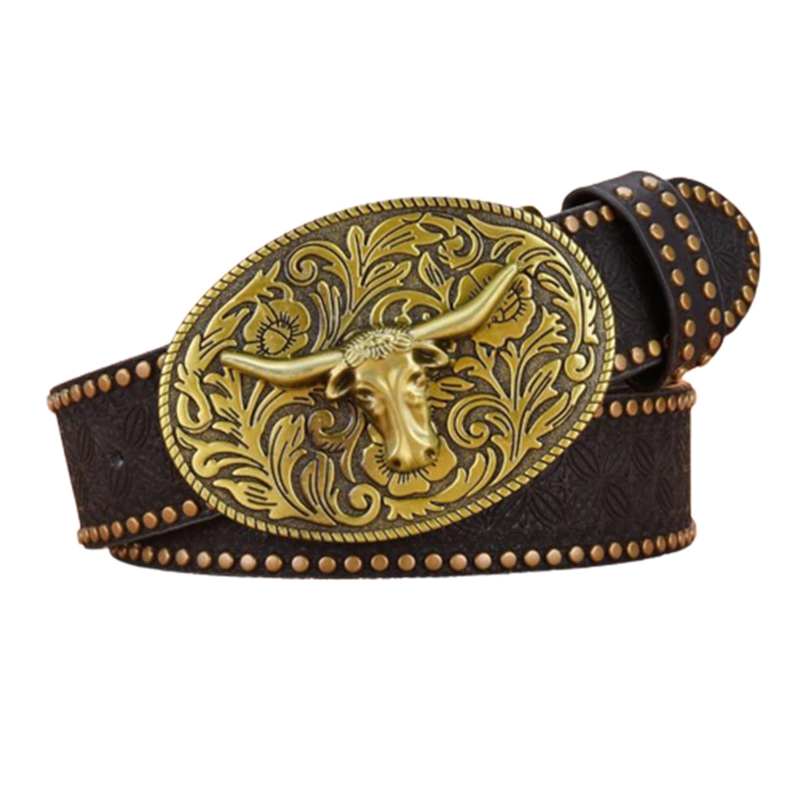 Cinturón Occidental De Cuero Plena Flor For Hombre, Correa Con Relieve Floral, Hebilla Ovalada Toro Cuerno Largo, Negro, Cintura 105 Cm/35 Pulgadas