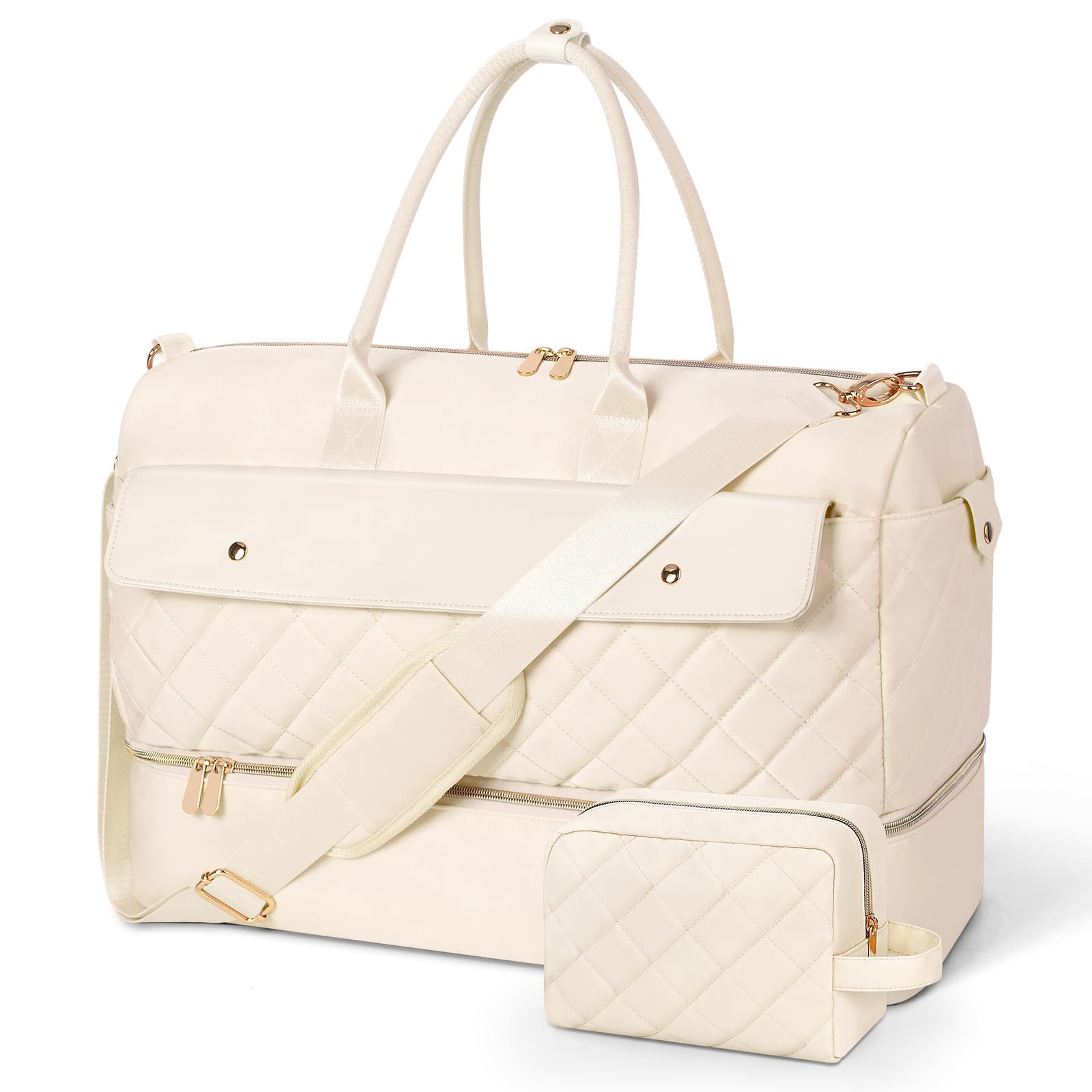 Wedama Travel Duffel Bag, Large Weekender Bag for Women with Shoe Compartment, Carry on Overnight Bag with Toiletry Makeup Bag, Gym Duffel Bag Travel Tote Bag for Travel Gym Camping Hospital, Beige