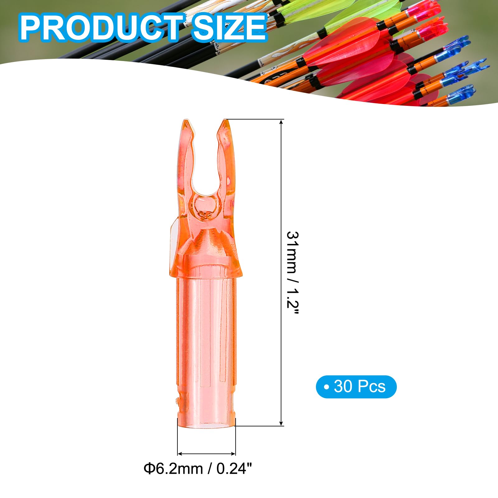 QUARKZMAN Encoches De Flèches en Plastique Inserts pour Flèches en Carbone .244"/6.2mm pour Arc À Poulies Et Arc Classique Chasse Tir DIY (Orange Transparent, Lot de 30)