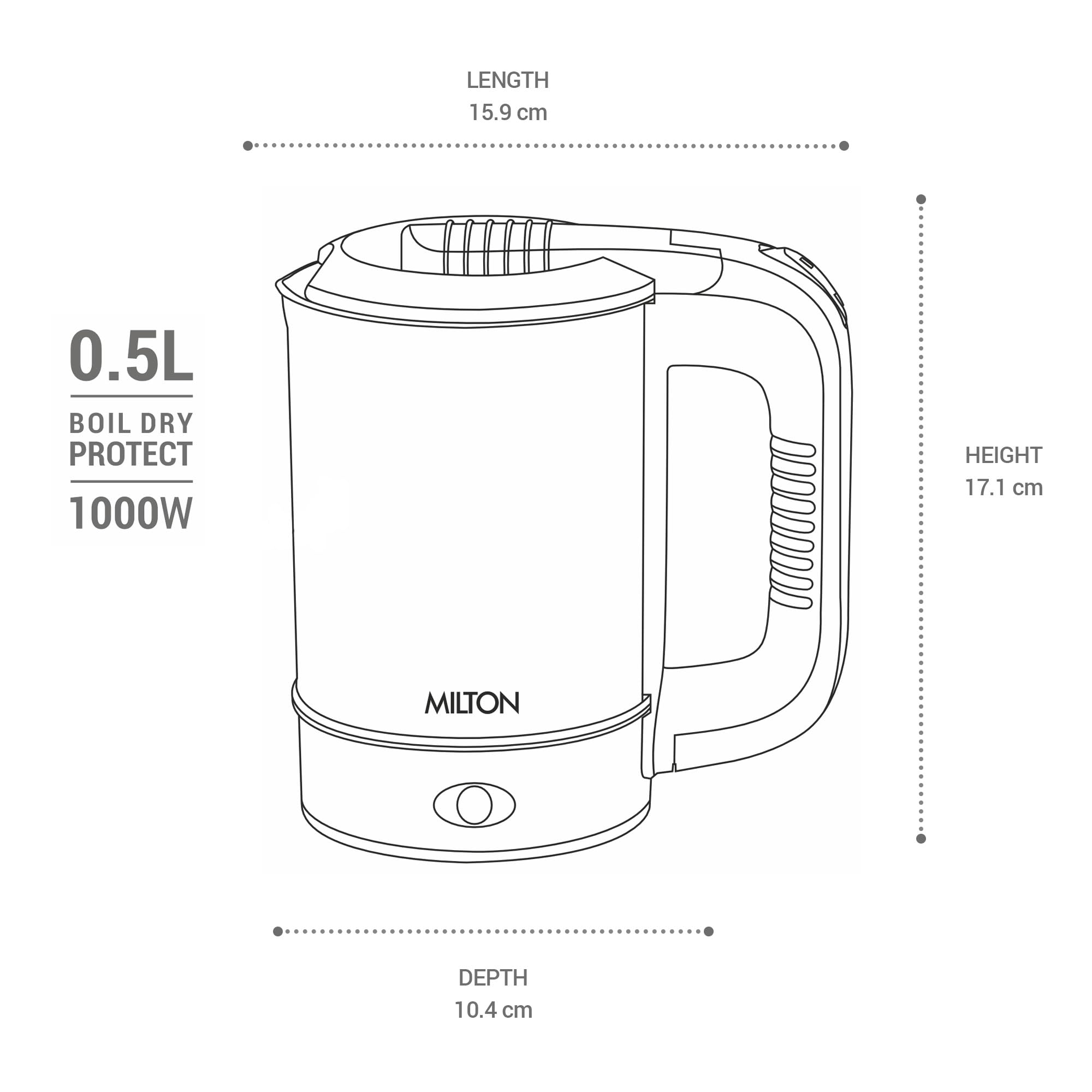 MILTON Stainless Steel Euroline Electric Travel Kettle With Handle, 1000 Watt, 500 Ml | 2 Utility Cups | Auto Shut-Off | Concealed Heating Element | Power Indicator |1Year Warranty, Silver 4