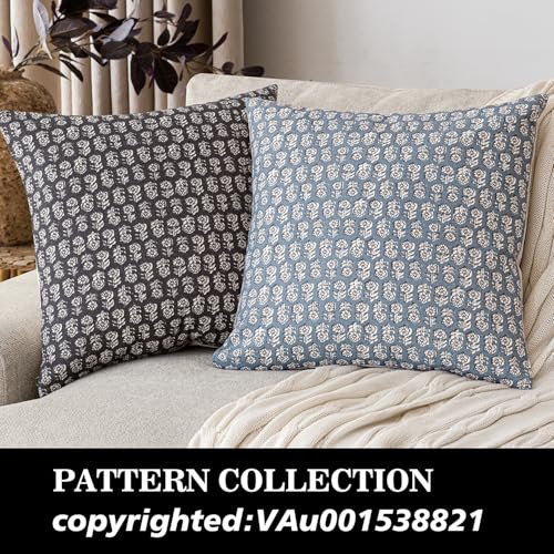 Image of Foindtower Set of 2 Decorative Neutral Floral Print Throw Pillow Covers Vintage Accent Farmhouse Cushion Covers Boho Home Decor for Sofa Couch Chair Bedroom Living Room,24x24 Inch,Dusty Blue