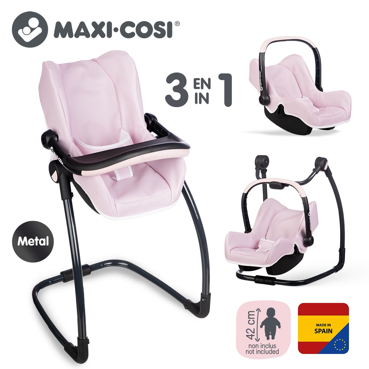 Smoby - Maxi-Cosi - Siège et Chaise Haute Rose - pour Poupons Jusqu'à 42 cms - Jouet d'Imitation - Tablette, Balancelle, Siège Auto - A Partir de 3 Ans - Fabrication Espagnole