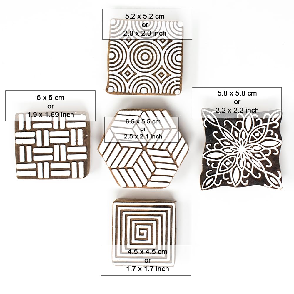Hashcart | Set of 5 | Handcarved Wooden Multi Design Blocks for Scrapbooking/Wooden Stamps for Project Designing/Fabric Textile/Clay/Pottery Craft/Tattoo 2