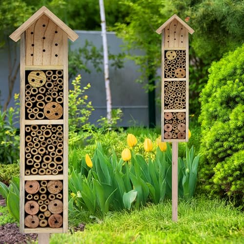 Hôtel à insectes en bois avec piquet de terre - H 78 cm - Maison à insectes naturelle à poser - Hôtel à abeilles, maison de bourdons, maison en bois, aide à la...