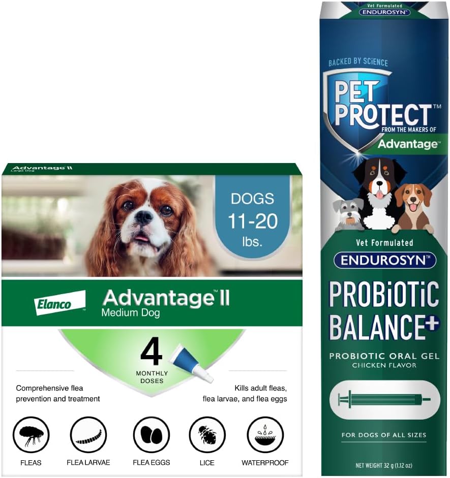Bundle of Advantage II Medium Dog| Dogs 11-20 lbs. | 4-Month Supply + Pet ProtectProbiotic Balance+ Dog Supplement | Oral Gel | 32g