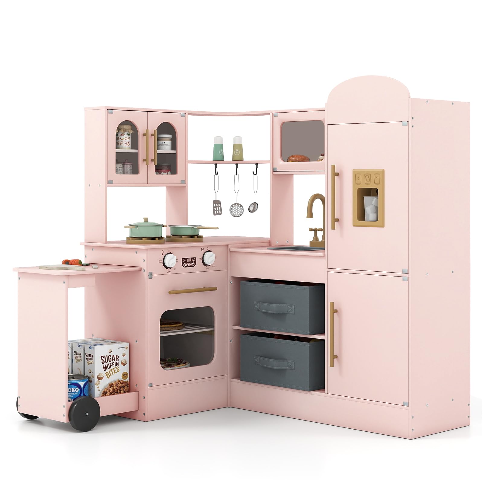 DREAMADE Kinderküche mit Licht & Sound, Holzküche mit ausziehbarem Wagen, Mikrowelle, Ofen, Eismaschine & Zubehör, Spielküche für Kleinkinder Jungen und Mädchen ab 3 Jahren (Pink)
