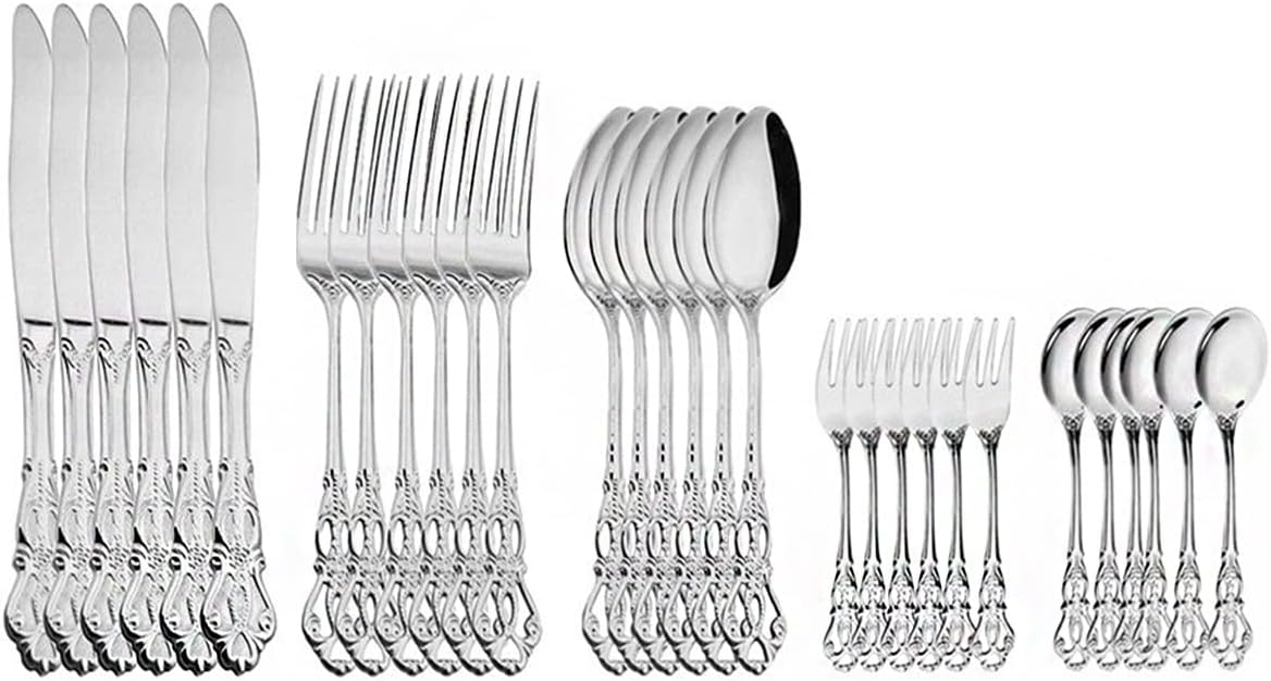 Silverware Set, 30pcs Stainless Steel Royal Cutlery Set Dinnerware Western Food Tableware Christmas Knives Coffee Spoons Fruit Forks (Color : Silver)