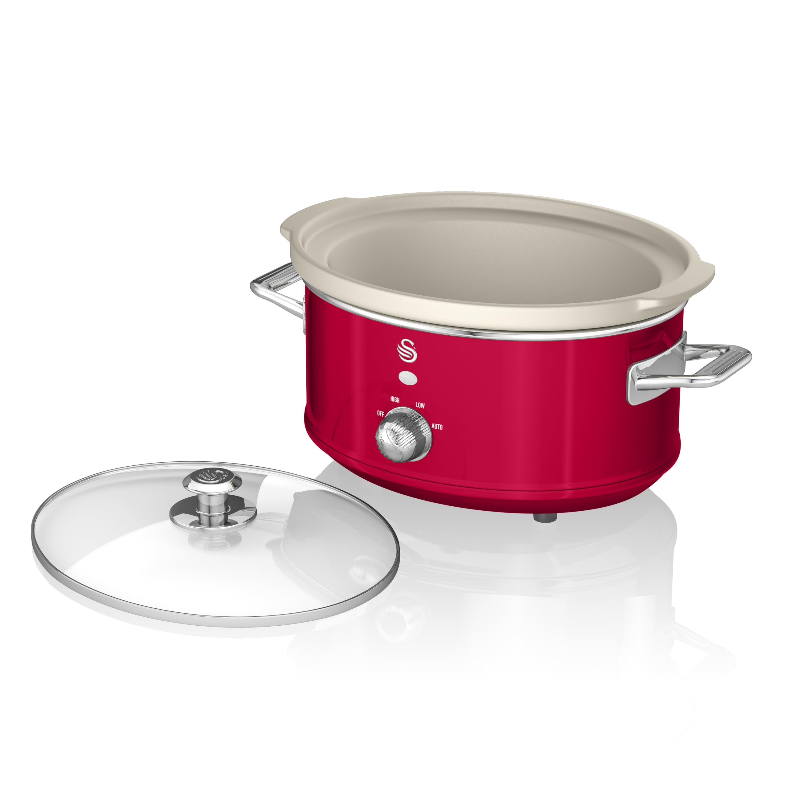 Swan Retro SF17021RNEU Schongarer, 3,5 l, abnehmbarer Behälter, Antihaftbeschichtung, Keramik, frei von PFOA und PTFE, 3 Temperaturstufen, Glasdeckel, Slow Cooker, Vintage-Design, Rot, 200 W