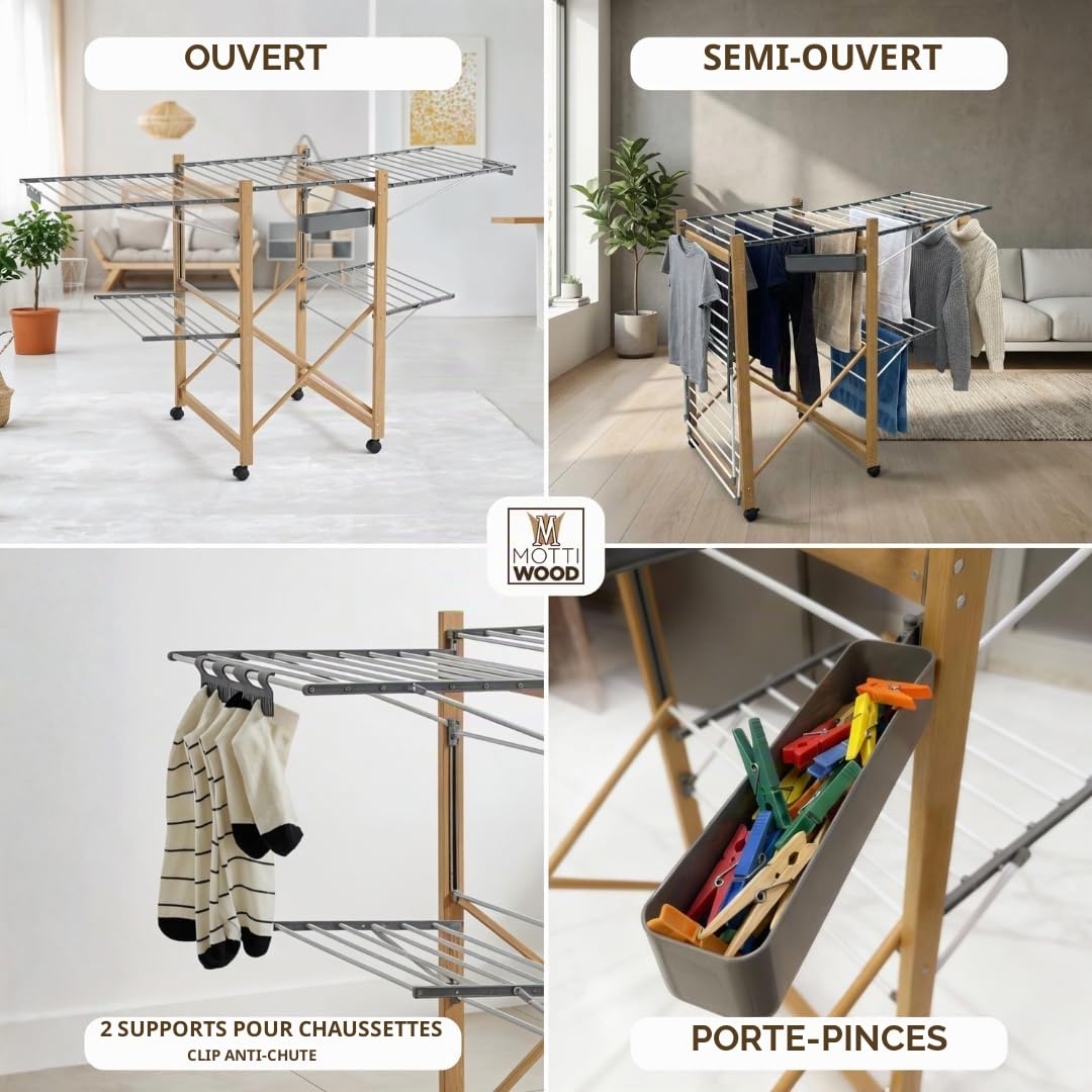 Séchoir à linge pliable XXL, 4 ailes latérales, maxi étendoir repliable et gain de place, 25 kg de linge, étendoir à linge intérieur et extérieur, 176 x 60 x 104 h cm, 4 roues pivotantes