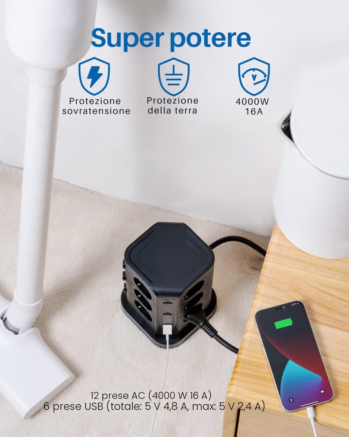 KOOSLA Multipresa ITA/Schuko 12 Prese 6 USB, 5M, Nero | 12 Prese Universali, 6 USB-A, 4000W/16A, Protezione Sovratensione, 5M Cavo