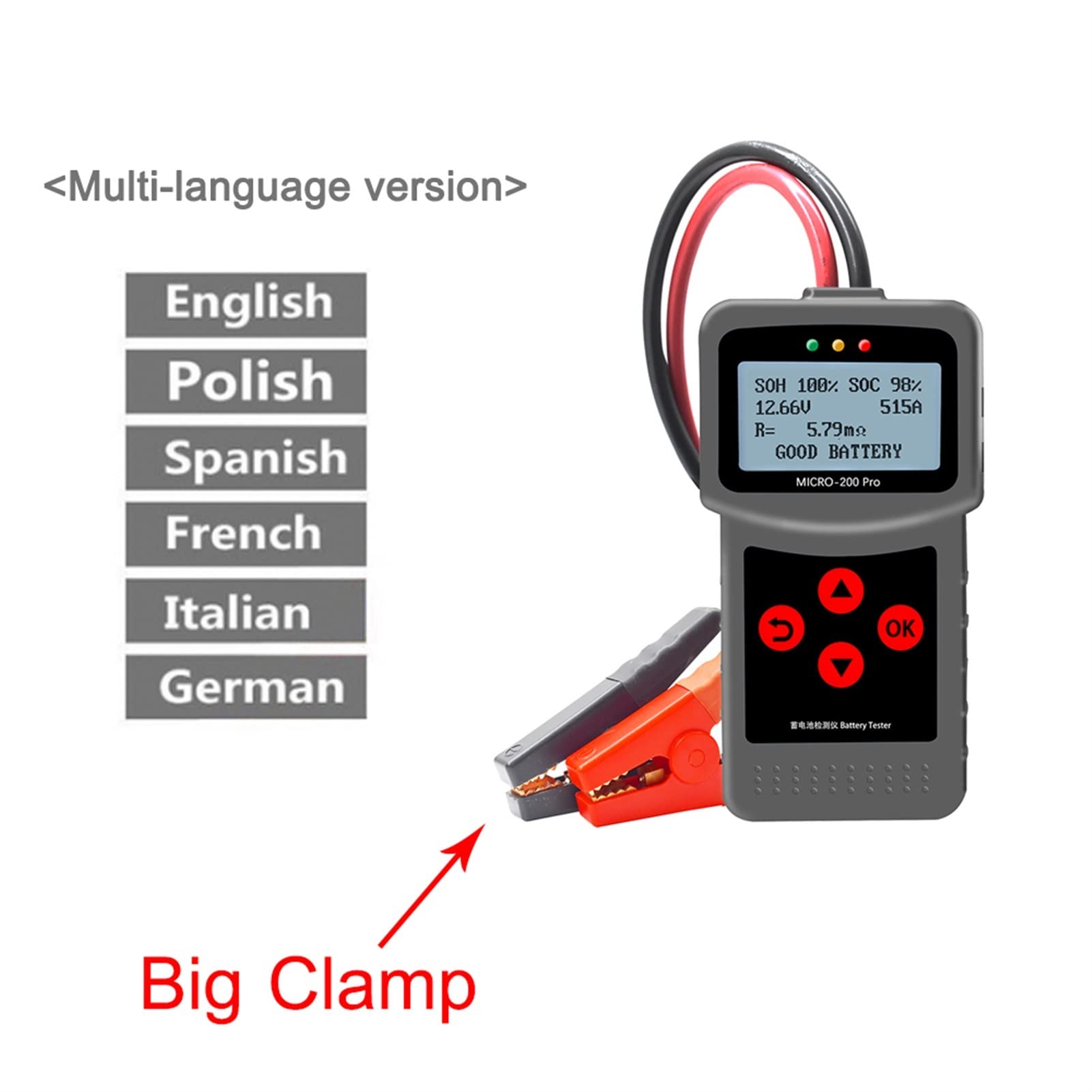Tester per batterie, Micro-200Pro 12V 24V 40-2000CCA Capacità Digital Auto System System Analyzer Truck Motorcycle Automotive Auto Battery Tester, Evitare la batteria scarica(Version 1 Big Clip)