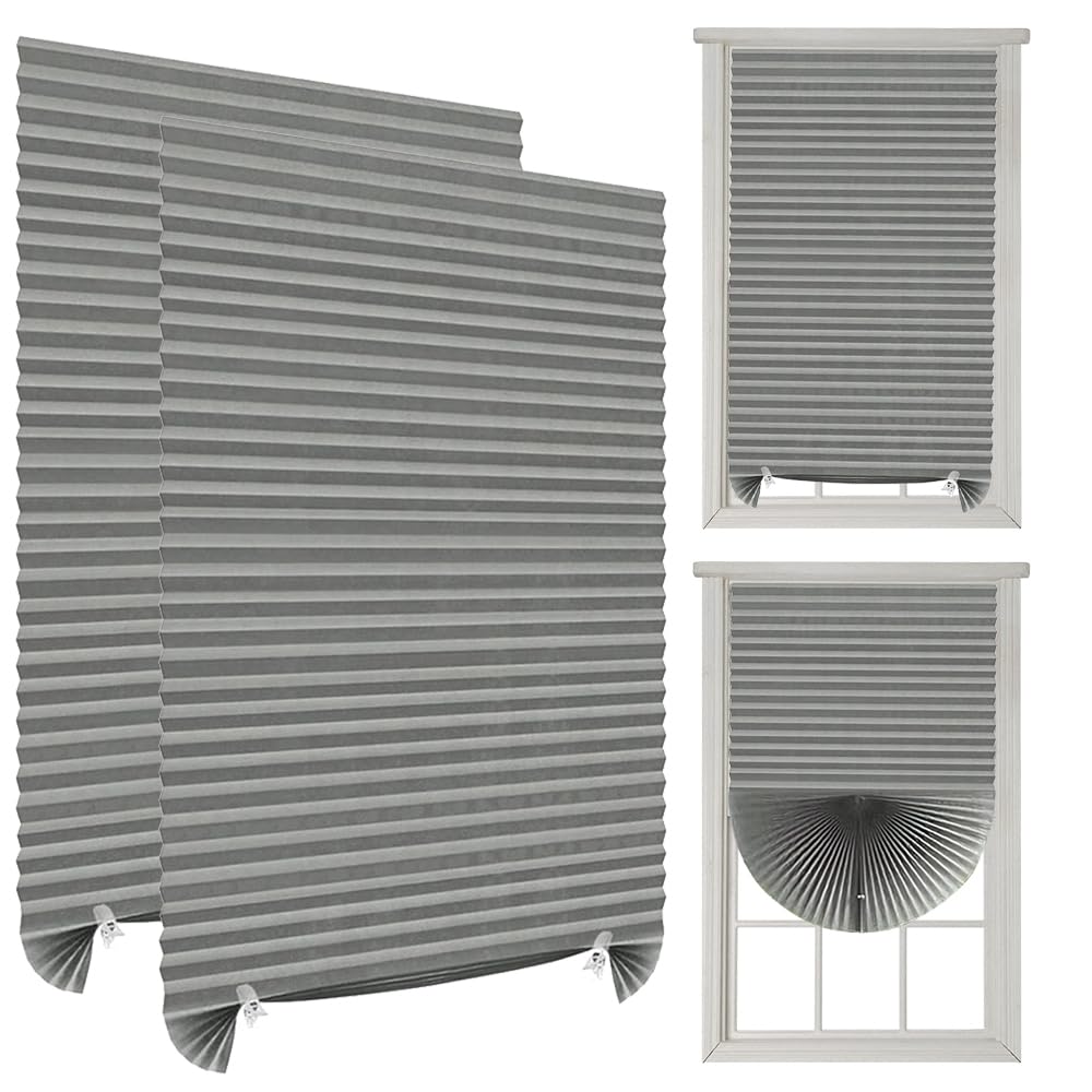 2 Pack Temporary Blinds, 60 * 150cm No Drill Blinds, Stick on Blind, Clip in Paper Blind, Easy Fit Install for Bedroom Kitchen Bathroom Windows Bedroom, Loft, High Light Shielding-Silver Back (Grey)