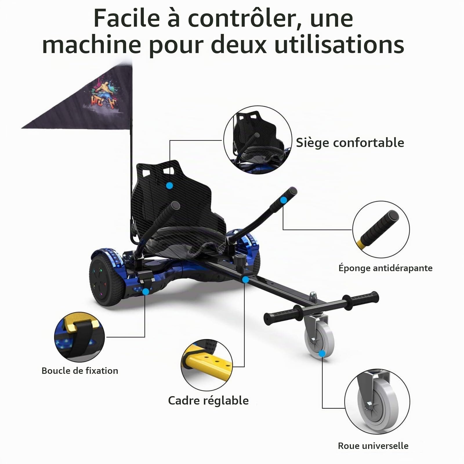 Hoverkart pour Hoverboard, Siège pour Scooter und Gokart, Selle pour hoverboards, compatible avec Hoverboards de 6,5, 8,5 et 10 Pouces