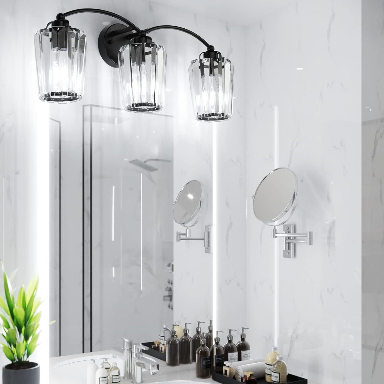 Aipsun Crystal Vanity Light Fixtures Modern Crystal Bathroom Light Fixtures Black Vanity Lights for Bathroom E26 Base (Exclude Bulb)