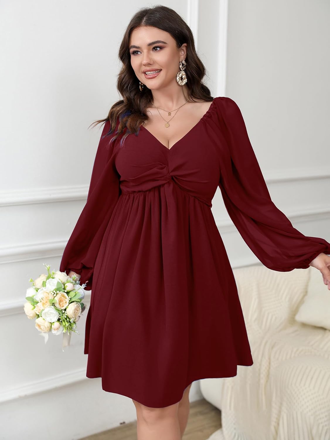 SCOMCHIC Women's Plus Size Puff Long Sleeve Dresses Sweetheart Neckline A Line Short Wedding Guest Cocktail Dress - Image 4