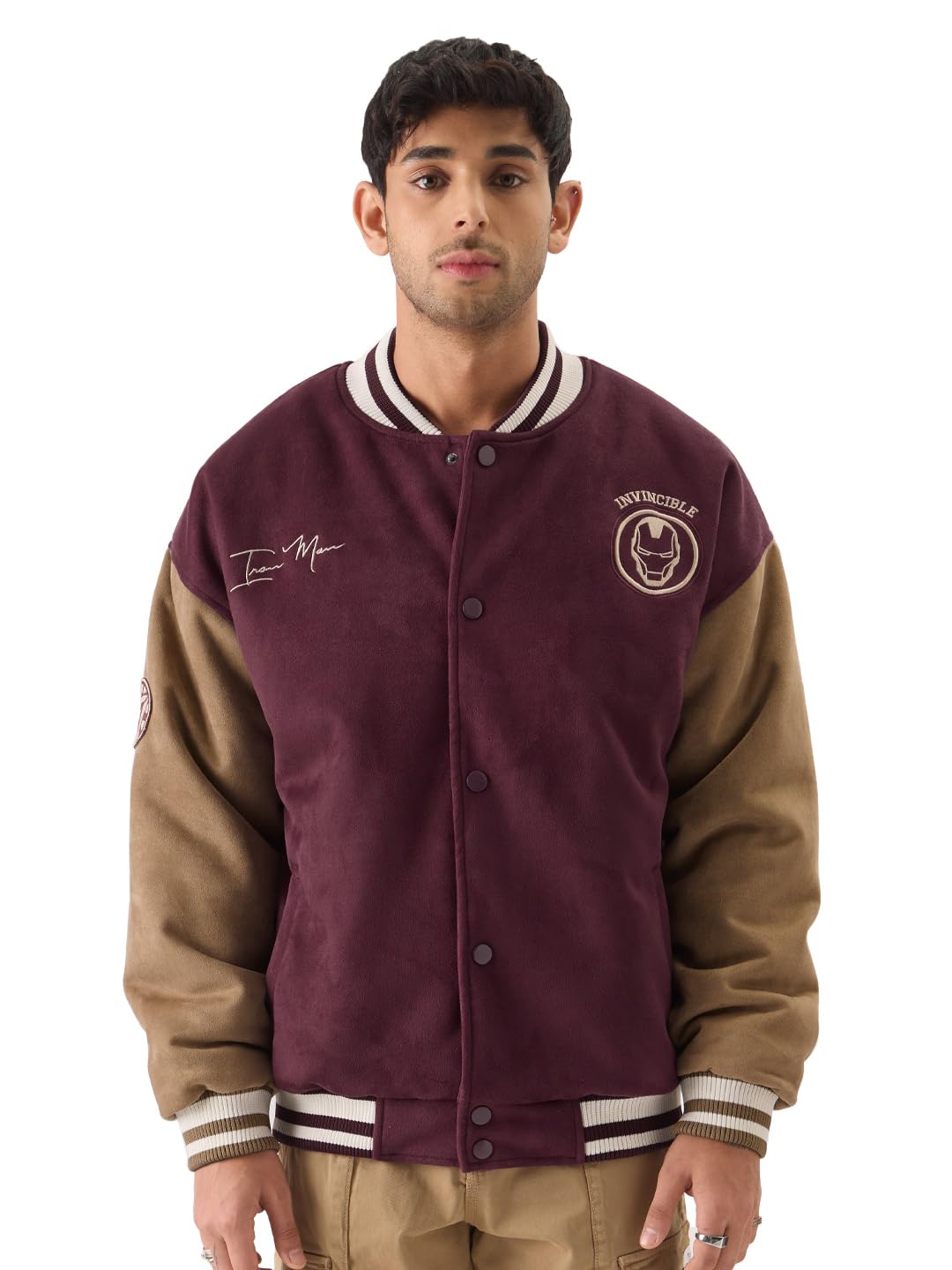 the souled store Iron Man: Invincible Button Front Long Sleeve Red and Brown Oversized Fit Varsity Jackets-picture-24