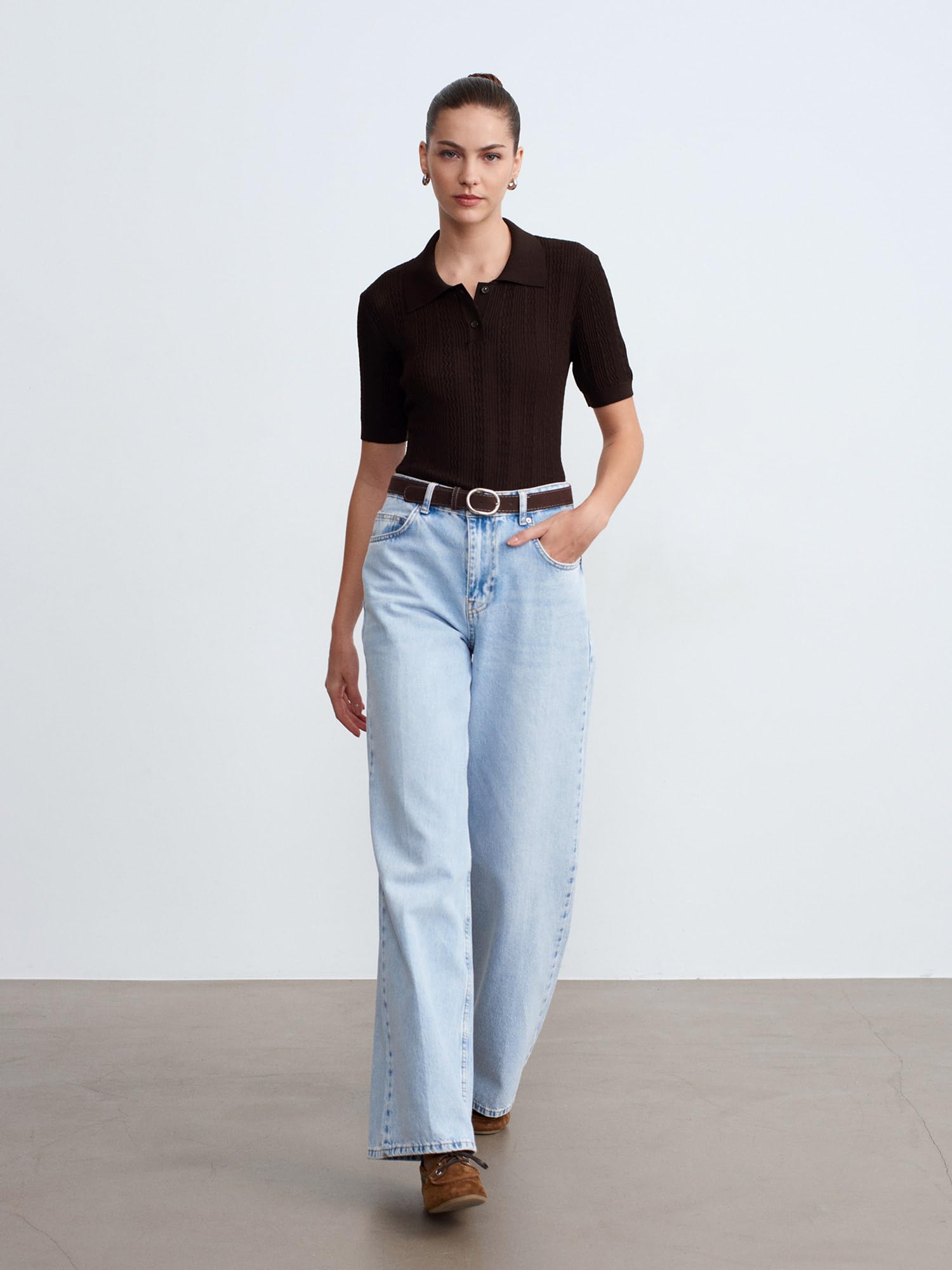 DILVIN Kadın Yüksek Bel Geniş Paça Wide Leg Denim Jean Kemerli…