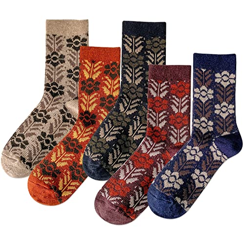IIG 5 Pairs Womens Pretty Vintage Wool Socks Unique Print Design Soft Cozy Warm Crew Socks Christmas Gift
