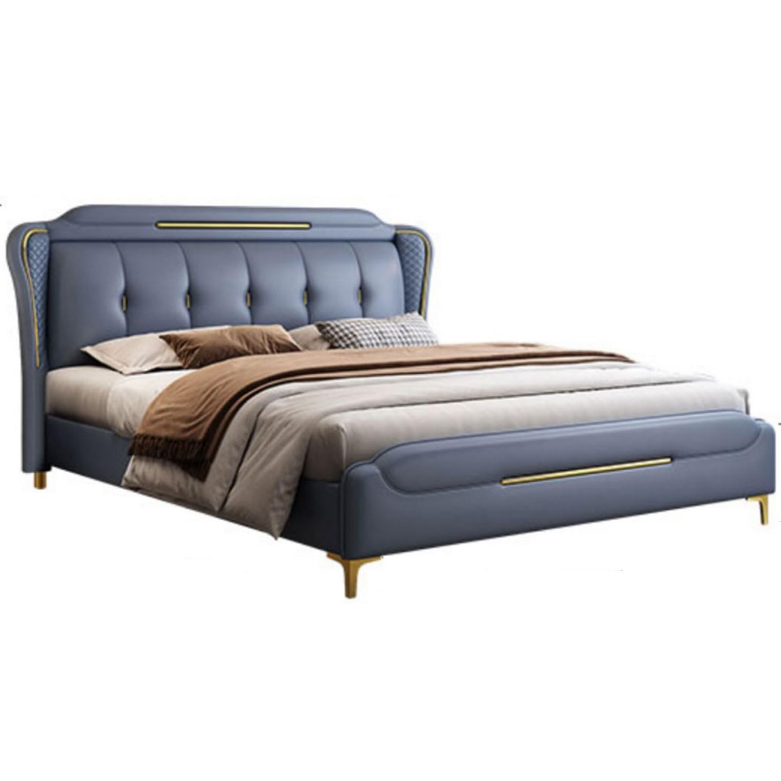 Minimalist King Size Genuine Leather Wood Bed Upholstered Platform Bed Frame with Headboard and Lift Up Storage Strong