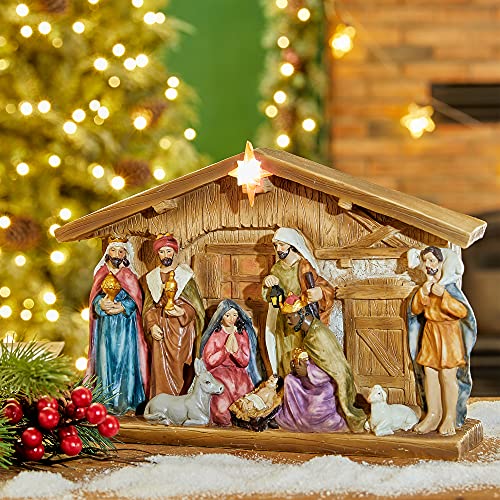 Image of Glitzhome Lighted Resin Nativity Figurines House Countertop Christmas Ornaments Nativity Scene Figure Tabletop Crafts Statue Miniatures Xmas Collectibles Baby Jesus Gifts for Home Shelf Decor 12.5 inch
