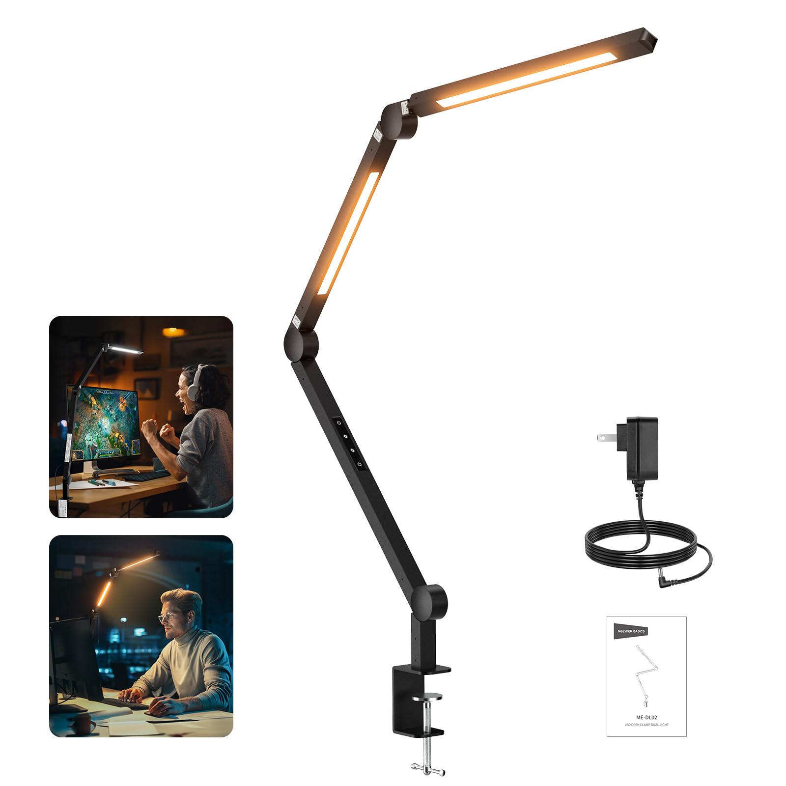 NEEWRE Basics 12W 42.5" Clip On LED Lamp with Dual Light Bar, CRI95+ Bi Color Aluminum Alloy Table Architect Light Dimmable for Home Office Monitor Computer Video Conference Desk Drafting, ME-DL02