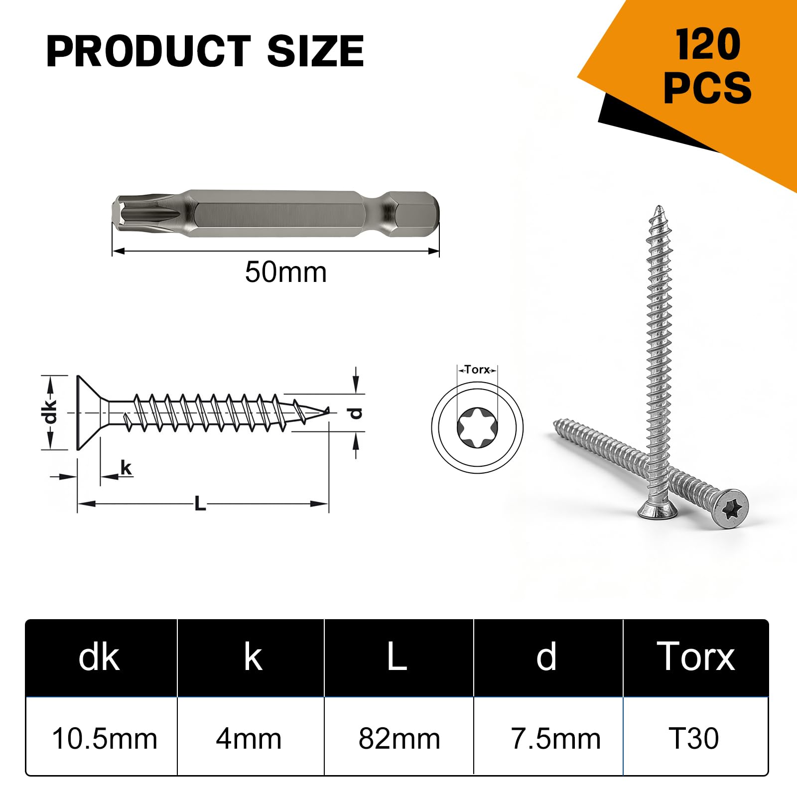 120 PCS Tornillos para Hormigón 7.5 mm x 82 mm con Punta Torx 30, Tornillos para Marcos de Ventanas, Tornillos Roscachapas Cabeza Avellanada para Hormigón, Puertas y Ventanas, Paredes