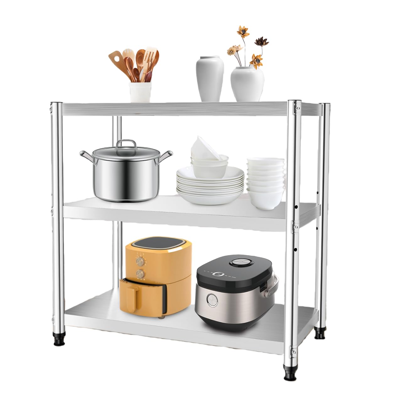 Estantería de acero inoxidable para cocina (3 niveles, mesa de acero inoxidable, almacenamiento de encimera, 80 x 40 cm, estante metálico profesional, guardacomedor, gastro, pequeño estante