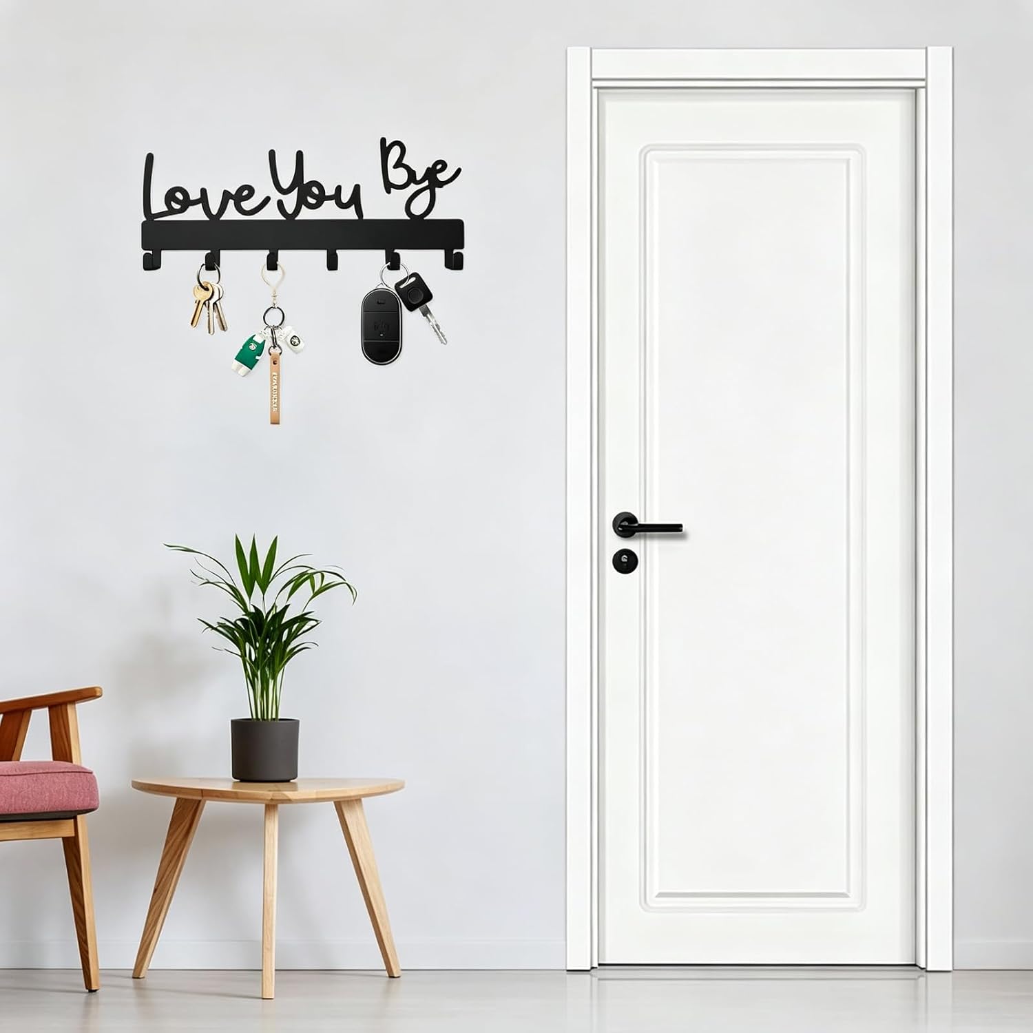 Love You Bye Sign Key Holder Hook Wall Mounted Key Holder Rack Organizer Hanger with 6 Hooks for Wall Express Love Art Decor for Entryway Front Door Kitchen Hallway Office (Love You Bye)