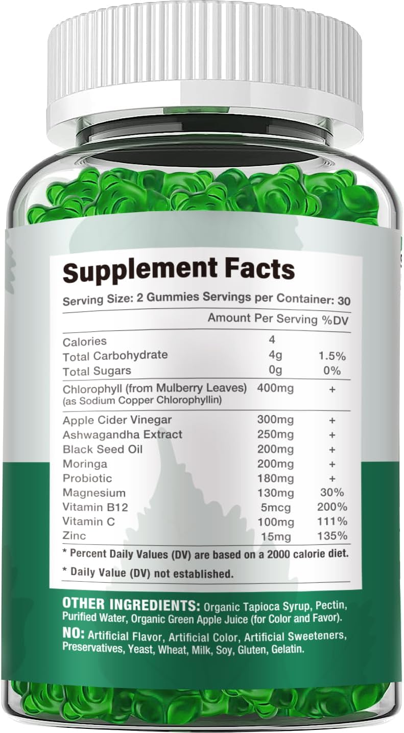 Sugar Free Chlorophyll Gummies - with Unfiltered ACV & Vitamin C、B12 - Energy Boost, Immune & Digestion Support, Natural Deodorant, Skin Care - Vegan, Non-GMO - 120 Gummies