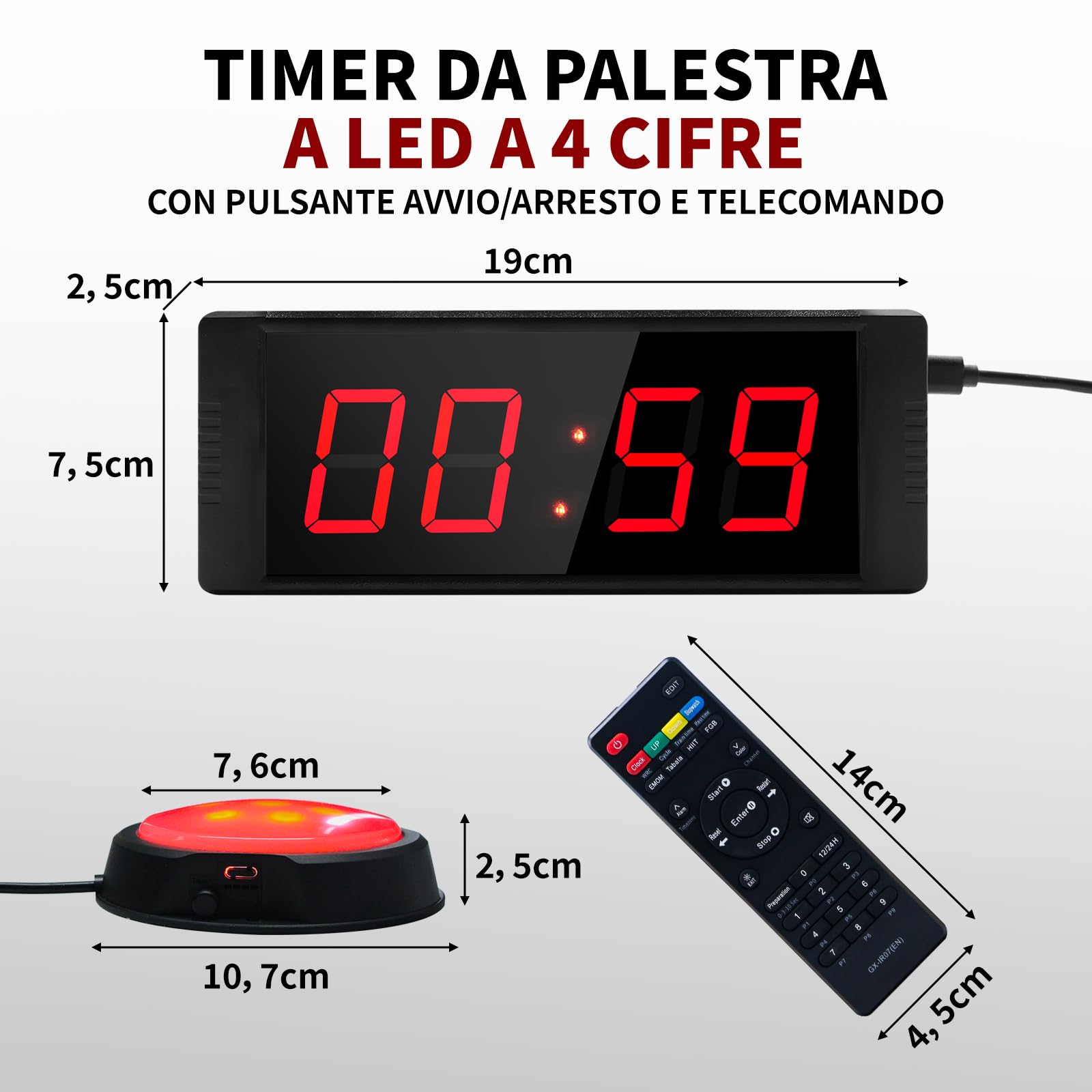LUCKY TIME Timer da palestra con pulsante Start/Stop, cronometro digitale a LED con conteggio progressivo/conto alla rovescia, con telecomando, timer a intervalli, orologio per allenamento, palestra