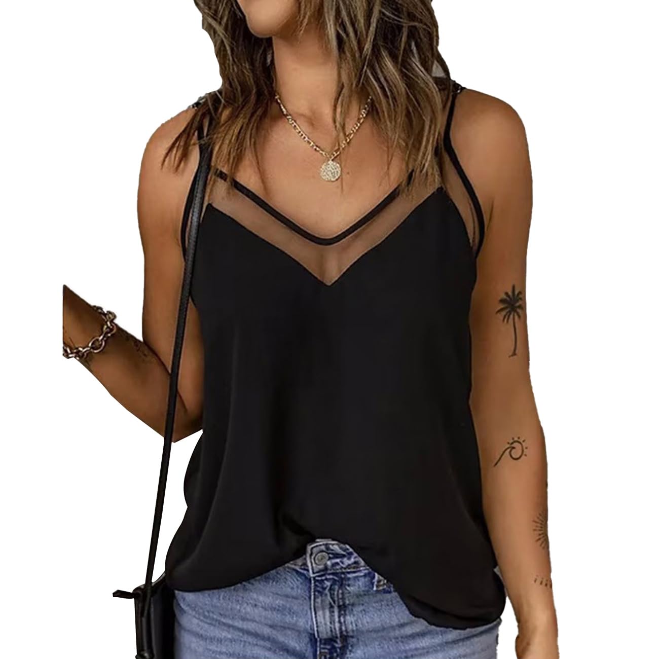 BKEPDY Camiseta sin Mangas Mujer Top con Cuello en V Tops Sexy Blusa Elegante Tank Tops Ajustado Informal Top Camiseta de Tirantes de Malla