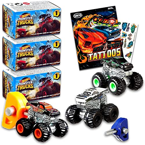 Hot Wheels Mini Monster Trucks Blind Box Bundle ~ 3 Hot Wheels Mystery Box Party Favors for Boys, Girls with Racecar Stickers (Hot Wheels Series 2 Monster Trucks Playset)