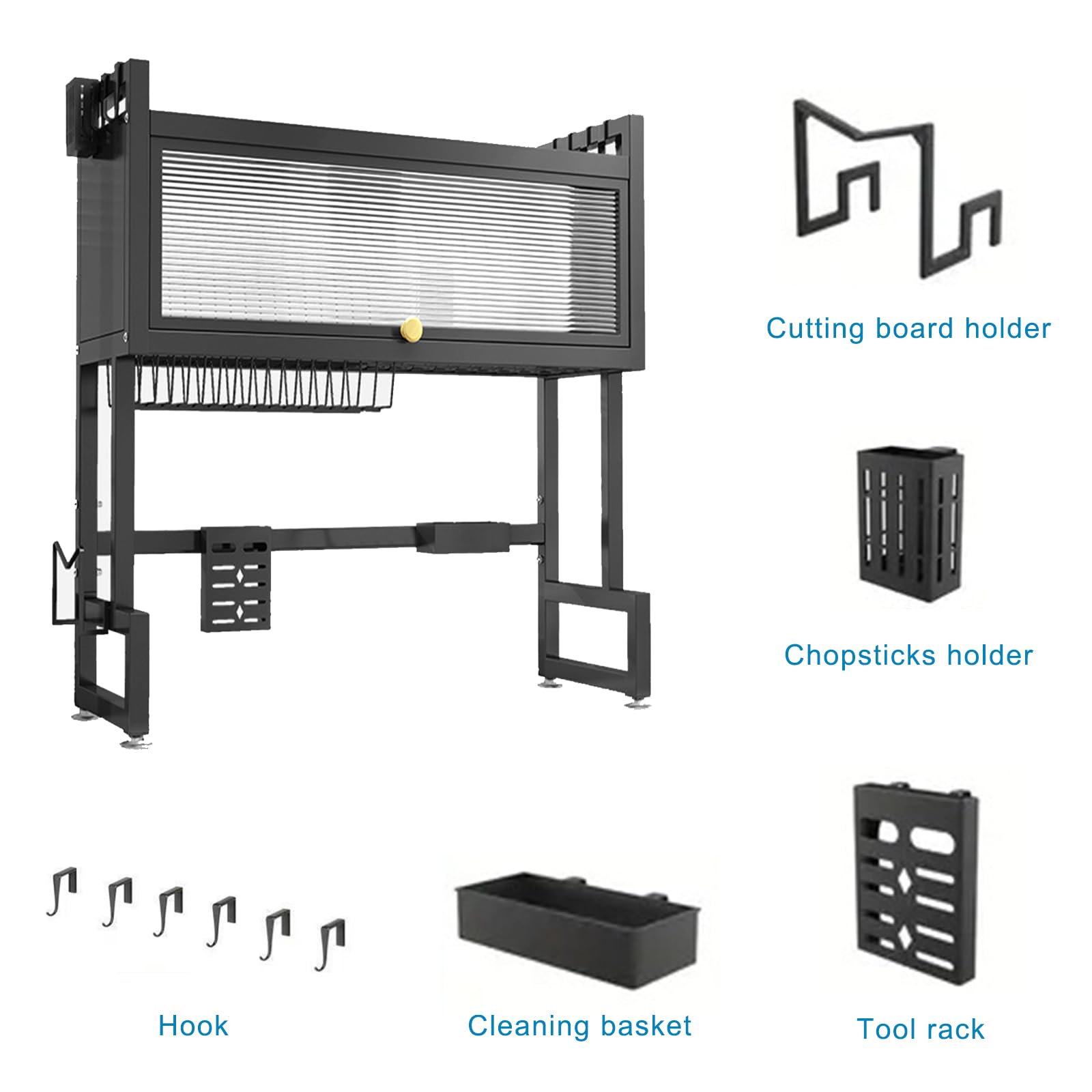 Escurreplatos grande con tapa, resistente al polvo y ahorra espacio, organizador de vajilla multifuncional sobre el fregadero, para platos, vasos, cuencos, secado y almacenamiento en la cocina (negro