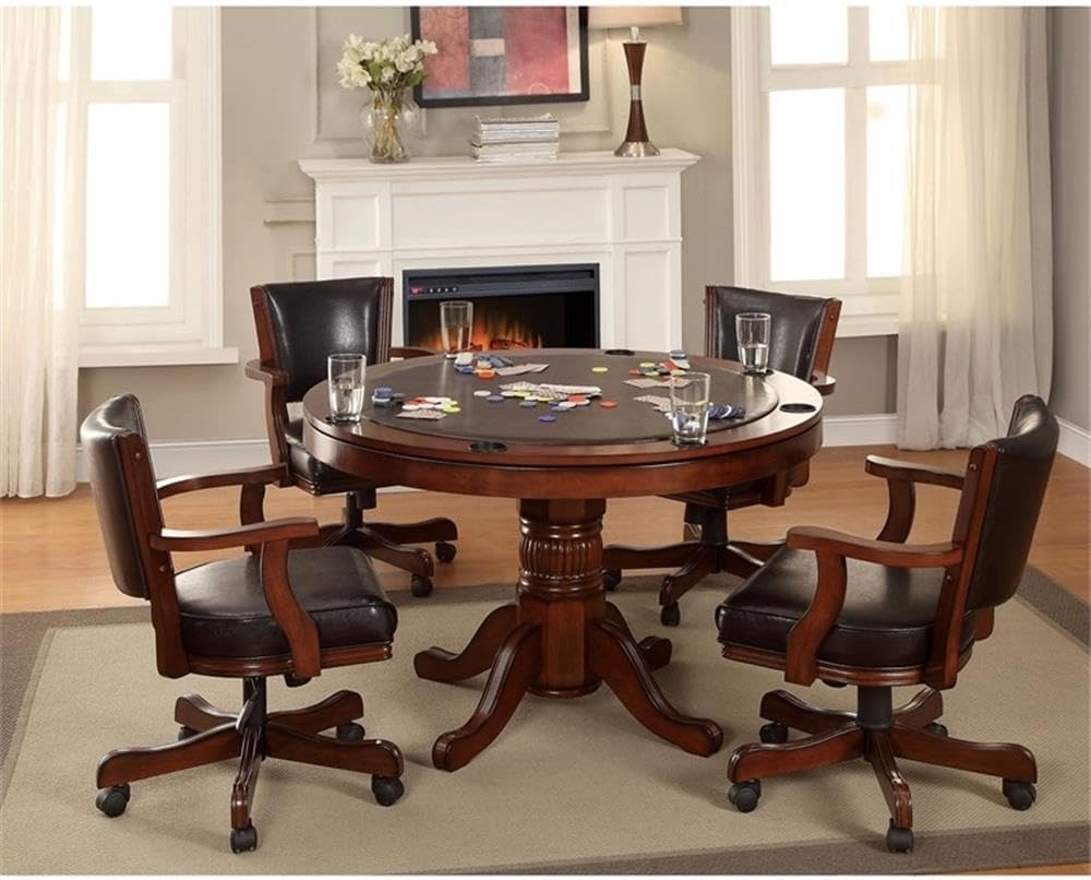 BOWERY HILL Traditional Adjustable Gaming Chair, Solid Wood/Veneer, Cherry Finish, Faux Leather Seat, Swivel Design, Casters, 34-36.5" H x 24.75" W x 24.5" D, Poker Table or Entertainment Room Chair