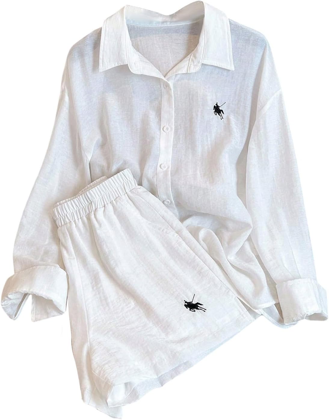 SweatyRocks Women's 2-Piece Linen Lounge Set: Button-Down Long Sleeve Shirt & Elastic Waist Mini Shorts